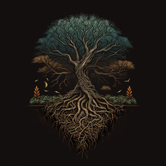 branched tree with thick roots tree of life on a black background
