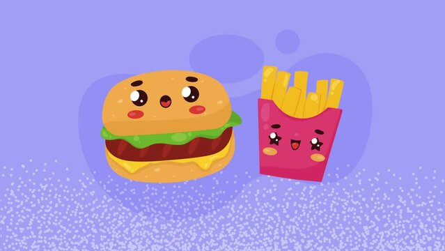 hamburger and french fries kawaii characters