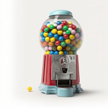 Glass gum ball machine with colorful gum inside isolated on a white background, generative ai
