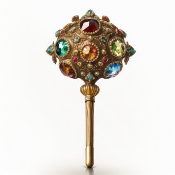 Detailed Head Of An Ornate Ceremonial Jewelled Sceptre Isolated On A White Background, Generative Ai