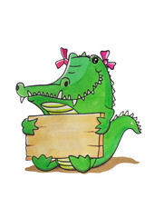 crocodile girl with a wooden board in her hands
