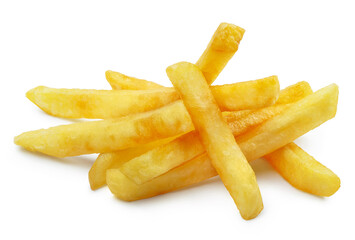 Delicious potato fries, isolated on white background