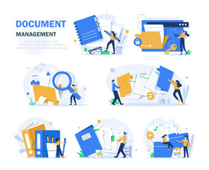 Monitor display with yellow folders, documents and media content. Office clerks or employees searching and indexing files. File manager, data storage