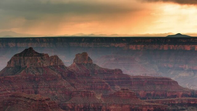 Grand Canyon North Rim Sunset Zoroaster and Brahma Temple Thunderstorm Clouds Time Lapse Pan L Arizona USA