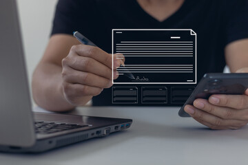 Online business contract Electronic signature, e-signing, digital document management, paperless office, signing business contract concept. Businessman sign approval via mobile smartphone application.