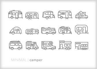 Set of camper line icons for going on vacation with a recreational vehicle