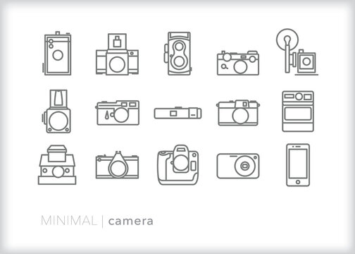 Set of camera line icon of different types of film and digital camera bodies