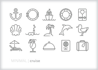 Set of cruise line icons of items and themes from going on a cruise vacation or holiday to a warm, tropical location