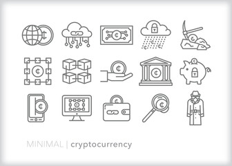 Set of cryptocurrency line icons of themes related to the use of block chain technology, digital money, and security