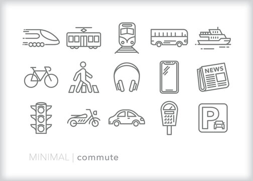 Set of commute line icons of themes for getting to work or getting home by different modes of transport
