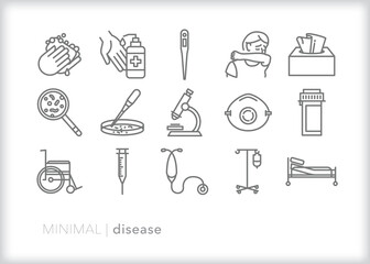 Set of disease line icons of themes surrounding illness, flu, cold, or Covid