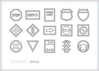 Set of driving line icons of road and highway signs for drivers to navigate and obey