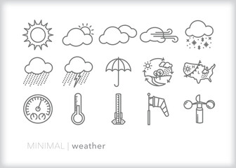 Set of weather line icons of showing different types of weather outside throughout the year - obrazy, fototapety, plakaty