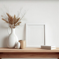 Mockup white frame on wooden table, white vase with dried plant, decorative elements on table and white wall