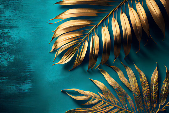 Gold Painted Palm Leaves. Illustration Generative AI