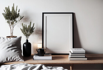 Black mockup frame, vertical, black vase with dried plant, black coffee cup, a pile of books on wooden desk