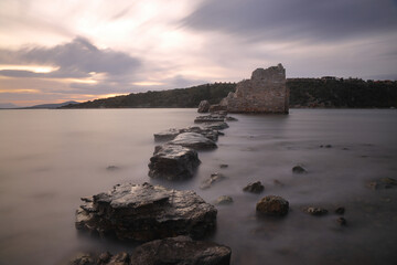 Ruined and restored castle at Iasos Turkey on the Aegean Sea near Bodrum. Long Exposure shoot. tranquility scene.	
