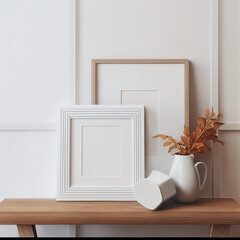 Wooden and white mockup frames, vertical, white cushions, dried plant in a vase, wooden desk, white wall.
