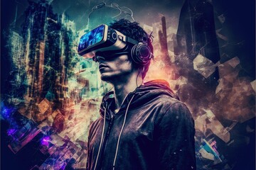 Obraz premium man wearing VR headset on grunge abstract background image created with Generative AI technology.