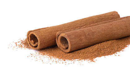 Cinnamon spice. Cinnamon sticks. Cinnamon powder in a wooden bowl.