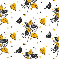 seamless pattern with graphic leaves doodles in black and yellow colors