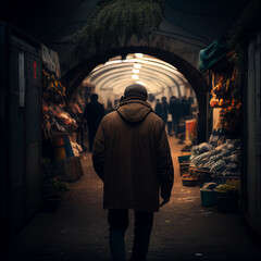 Man standing in front of dark tunnel at Vintage Market Area