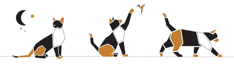 Série 3 chats bicolores, origami, lune, papillon © Valentine.Audoyer