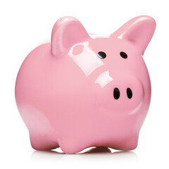 Close-up of pink piggy bank, isolated on white background