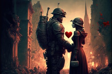 Love concept in the war. City destroyed by war or by a great disaster. Hope in the chaos. Generative Ai