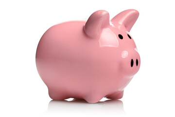Close-up of pink piggy bank, isolated on white background