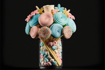 Bouquet of colorful lollipops in a beautiful vase on a dark background. Generative AI