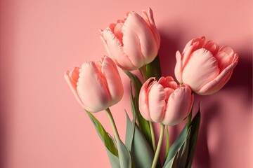 Beautiful tulips for Mother's Day or Valentine Day on pink background. Generatie AI.