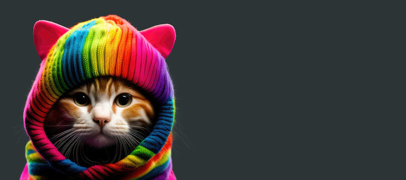 Chat capuche tricot&eacute;e multicolore. V&ecirc;tement de mode pour animaux. Chat avec tour de cou arc-en-ciel. Generative AI