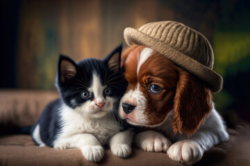 Lovable puppy and kitty. Close-up, indoors. Warm colors background. Concept of love and terness. Generative AI