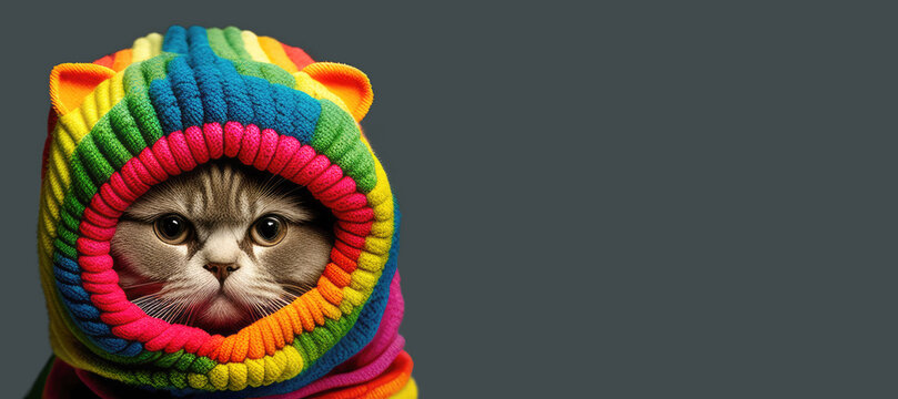 Chat capuche tricot&eacute;e multicolore. V&ecirc;tement de mode pour animaux. Chat avec tour de cou arc-en-ciel. Generative AI