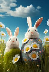 Fototapeta premium Little Bunny In Basket With Decorated Eggs - AI Generated