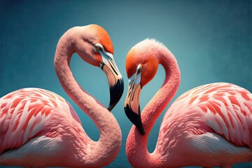 Decorated with couple of pink flamingo birds making a heart with their heads. Image to use as Valentine card. Generative AI