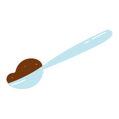 Spoon with coffee in cartoon flat style. Hand drawn vector illustration of teaspoon, icon, logo