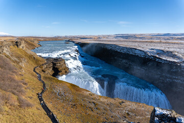 Gullfoss waterfall in Hvítá river canyon in southwest Iceland. Popular falls on the Golden Circle tourism route. 