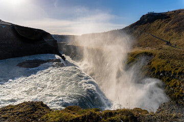 Gullfoss waterfall in Hvítá river canyon in southwest Iceland. Popular falls on the Golden Circle tourism route. 