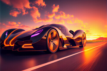 Fototapeta na wymiar Modern Sport car wheel drifting high speed at sunset. High speed Smart Automotive and Top performance driving concept. Futuristic car