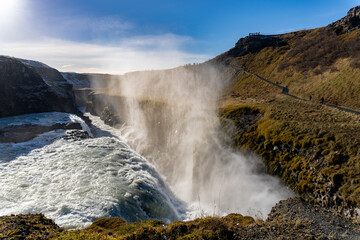 Gullfoss waterfall in Hvítá river canyon in southwest Iceland. Popular falls on the Golden Circle tourism route. 