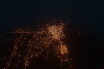 Aerial view on Herat (Afghanistan) from east. Top view on modern city at night from space