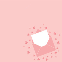 Valentine's Day concept. Off-center pink letter illustration with coral background surrounded by paper hearts. 