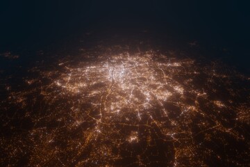 Aerial view on Prague (Czechia) from south. Top view on modern city at night from space