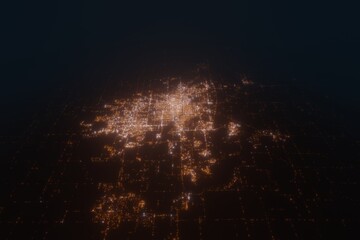 Aerial view on Springfield (USA) from south. Top view on modern city at night from space