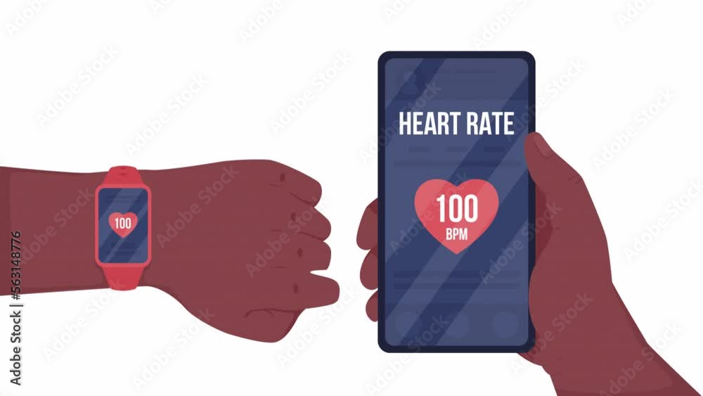 Poster animated syncing heart rate data. app with watch. flat first view hands on white background with alp
