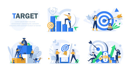 Flat design concept teamwork to build organizational success By setting the right marketing target. Vector illustrations - obrazy, fototapety, plakaty