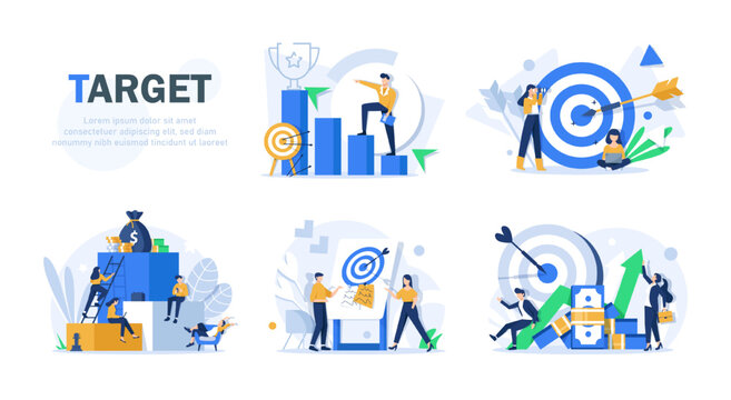 Flat design concept teamwork to build organizational success By setting the right marketing target. Vector illustrations