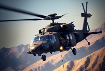 American Black Hawk helicopter firing. Created with Generative AI technology. - obrazy, fototapety, plakaty